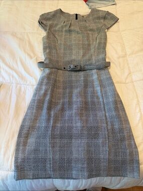 H&M Grey Plaid Belted Midi Dress